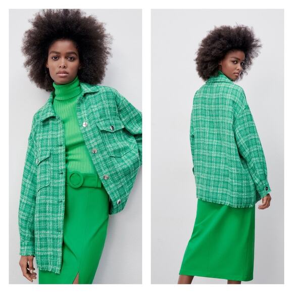 Zara Tops - NWT ZARA Plaid Tweed Button Down Overshirt S Green